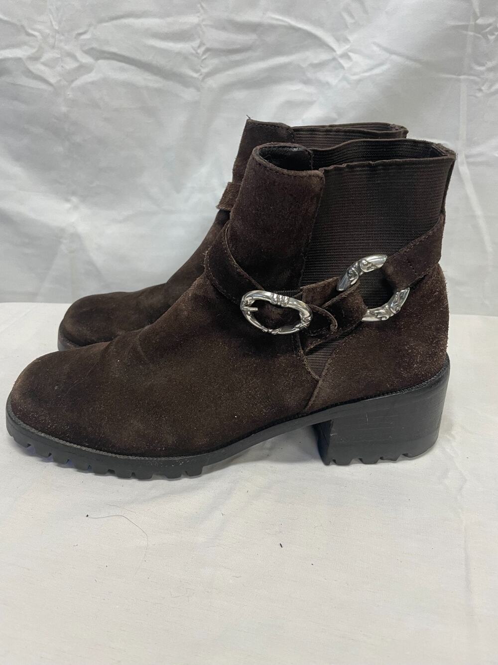Brighton Women's Ankle Boots Size 7M Brown Suede Silver-Tone Buckles Pre-owned